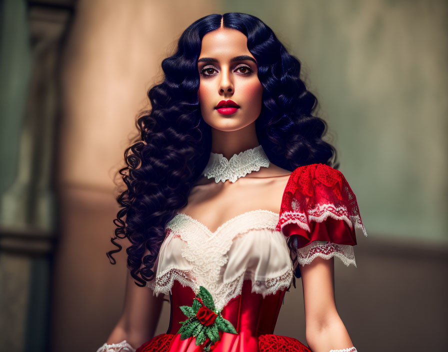 Dark-haired woman in vintage dress with lace collar and flower poses elegantly