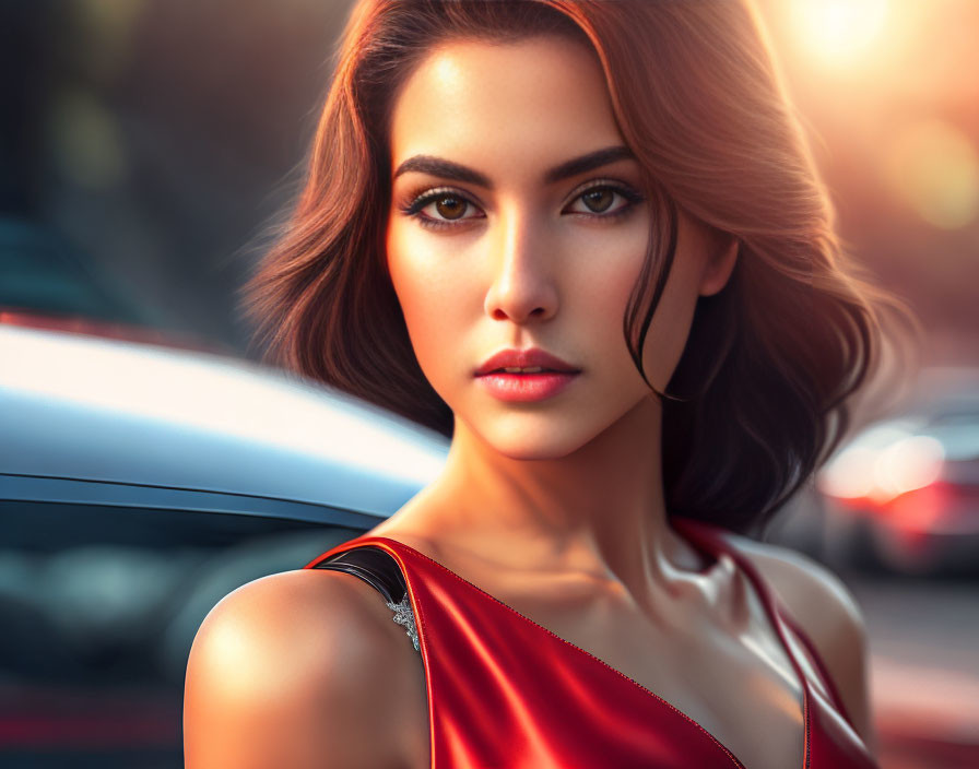 Dark-haired woman in red dress poses in urban setting with blurred cars.