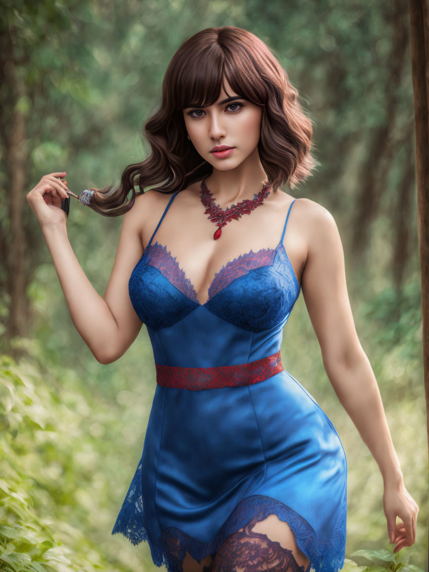 Woman in Blue Lace Dress Holding Apple in Forest Setting