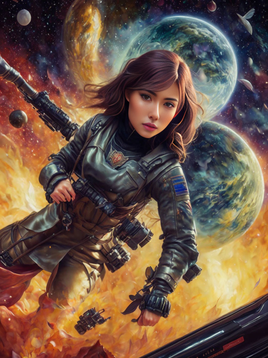 Serious female astronaut floating in futuristic cosmic scenery