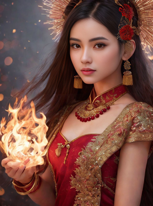 Traditional Red and Gold Attire Woman Holding Flame with Sparkling Background