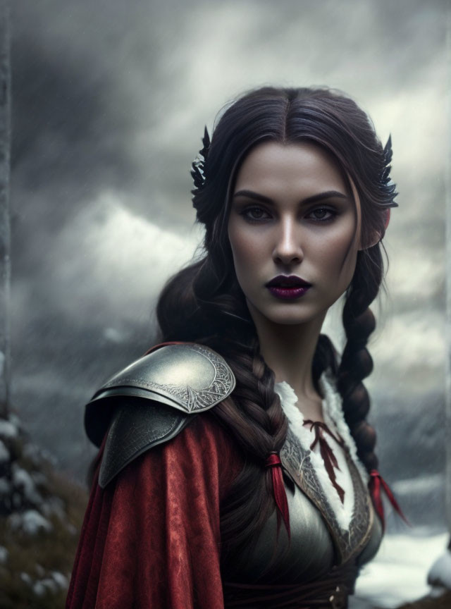 Fantasy armor woman in red cloak under stormy sky