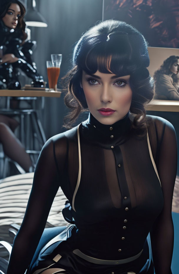 Vintage hairstyle woman in sheer black top with high collar in dimly lit room.