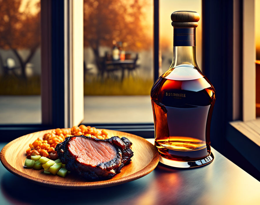 Bottle of liquor with meal on windowsill at sunset