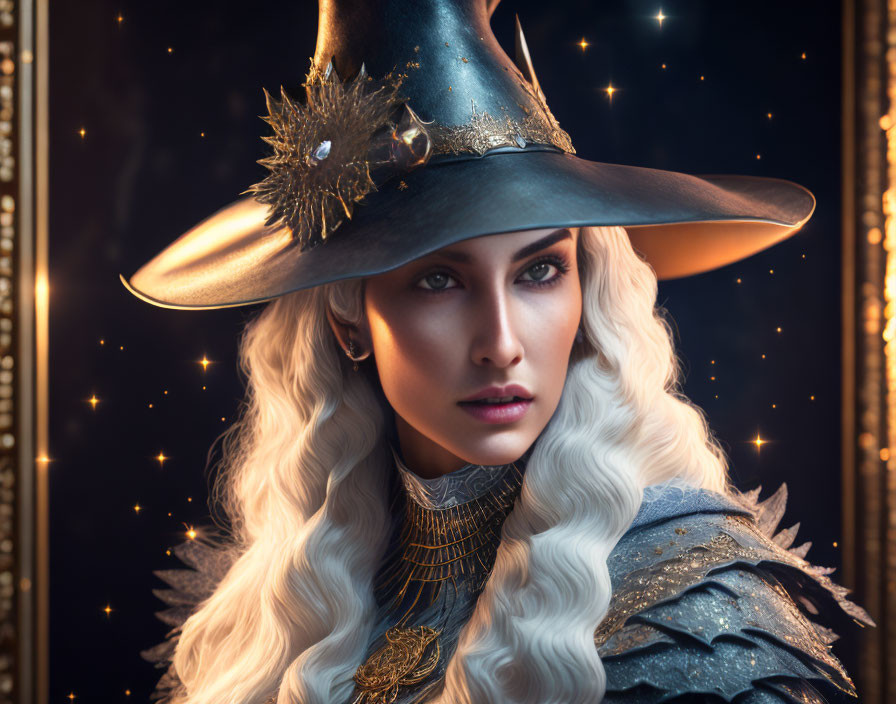 Mystical woman with striking eyes in decorative hat and shoulder armor surrounded by golden lights