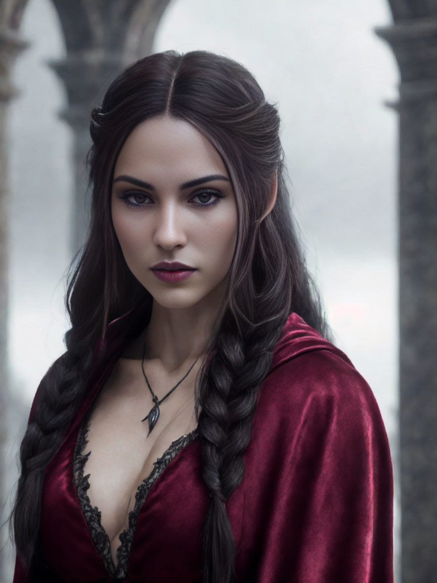 Woman with long braided hair in red velvet dress against misty backdrop