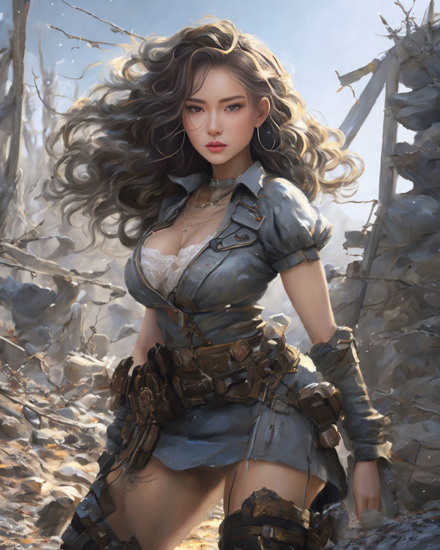 Digital artwork: Female character with flowing hair in post-apocalyptic outfit amidst ruins