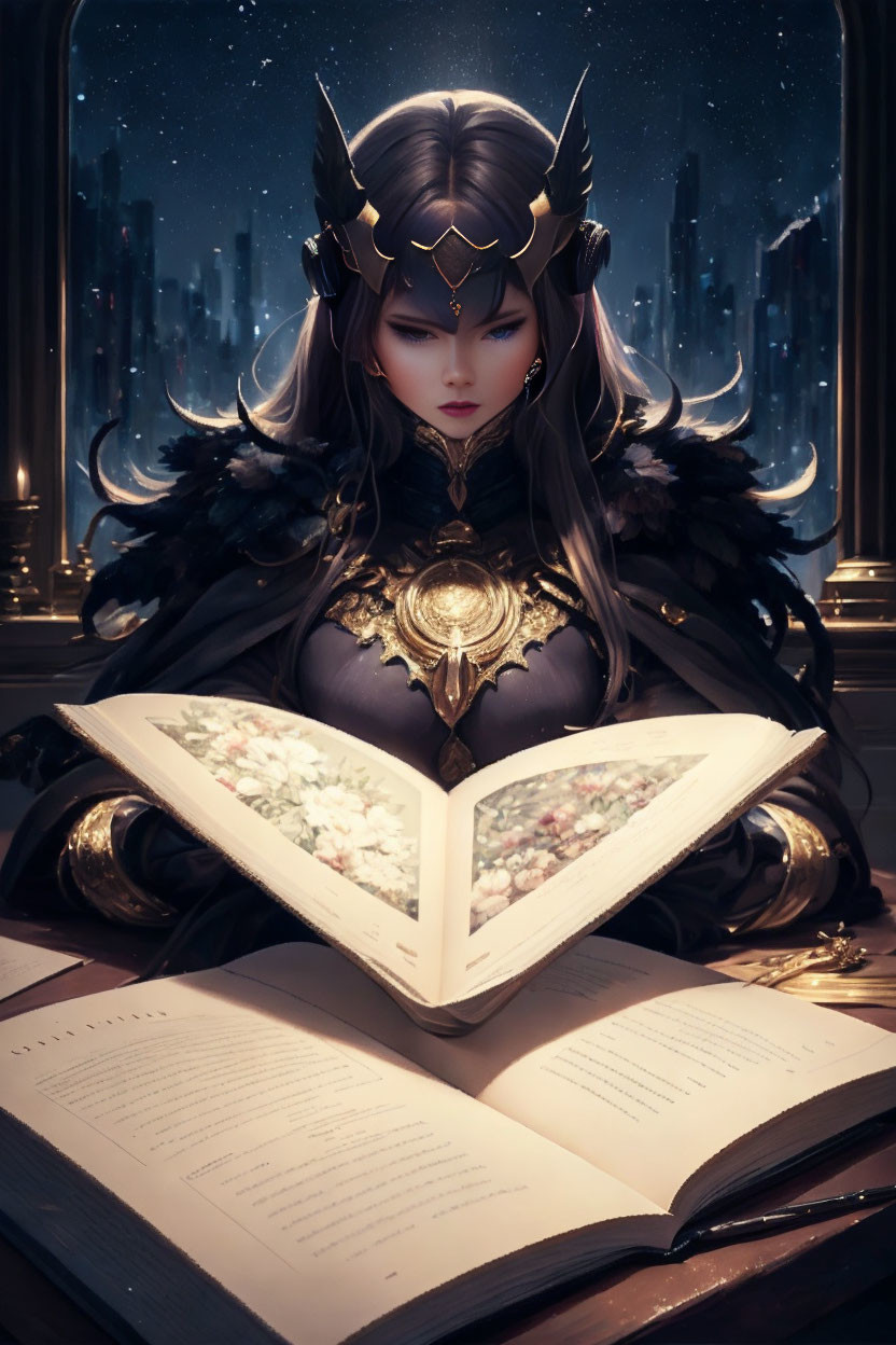 Female character in ornate armor and crown with magical book in night cityscape