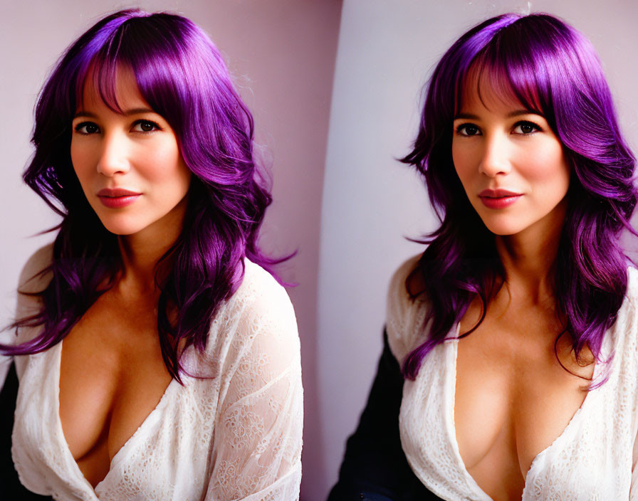 Portrait of Woman with Vibrant Purple Hair and White Top in Dual Pose