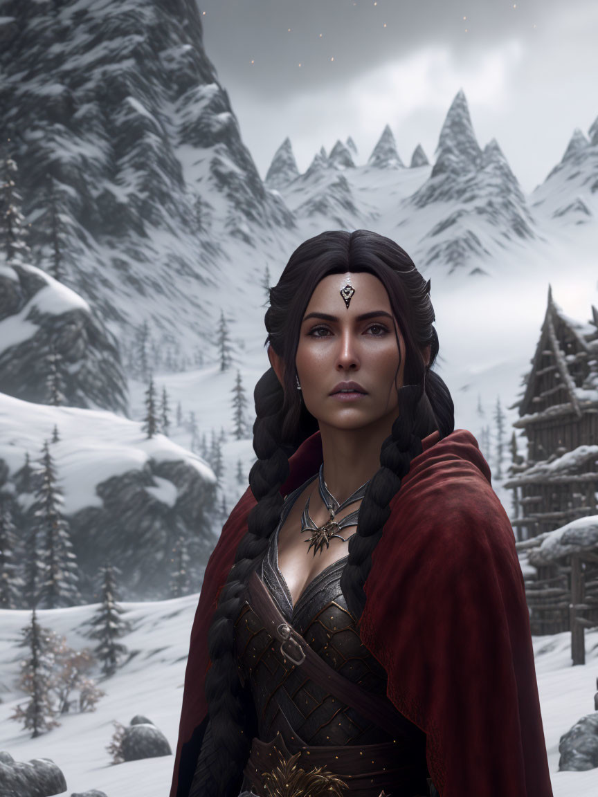 Fantasy female character portrait with dark hair, red cloak, and golden armor in snowy mountain scene