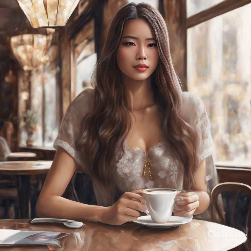 Dark-haired woman in sheer blouse at café table with smartphone and window