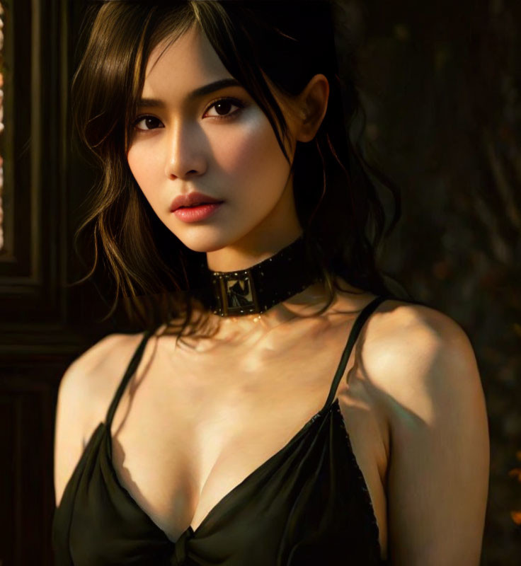 Woman with shoulder-length hair in black choker and slip dress against sunny backdrop