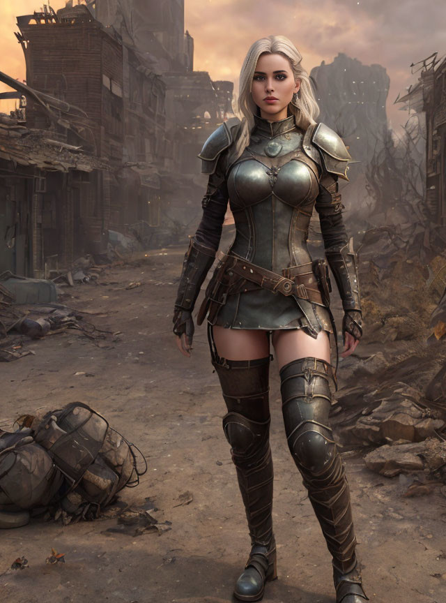 Digital illustration: Woman in medieval fantasy armor in post-apocalyptic ruins