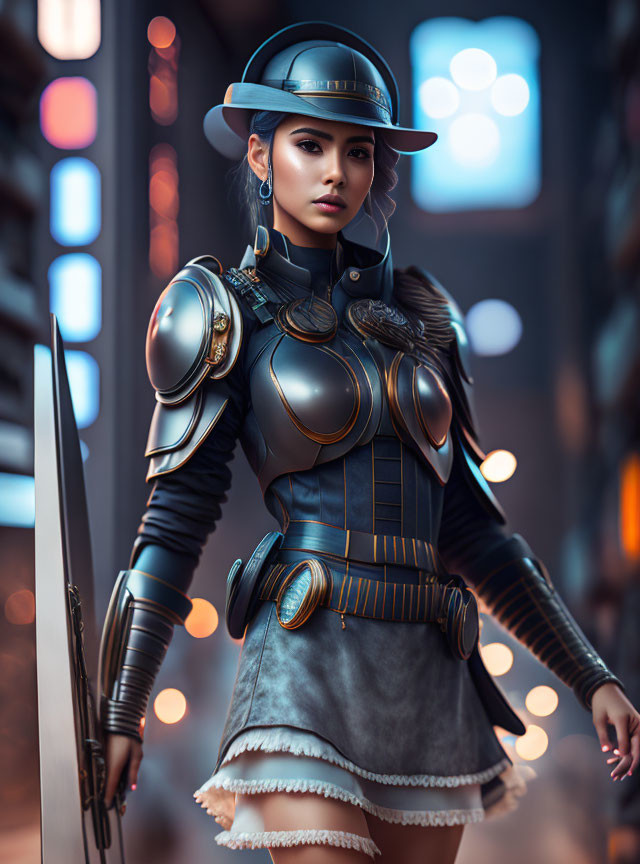 Futuristic warrior woman in armor with sword and stylish hat amidst neon lights