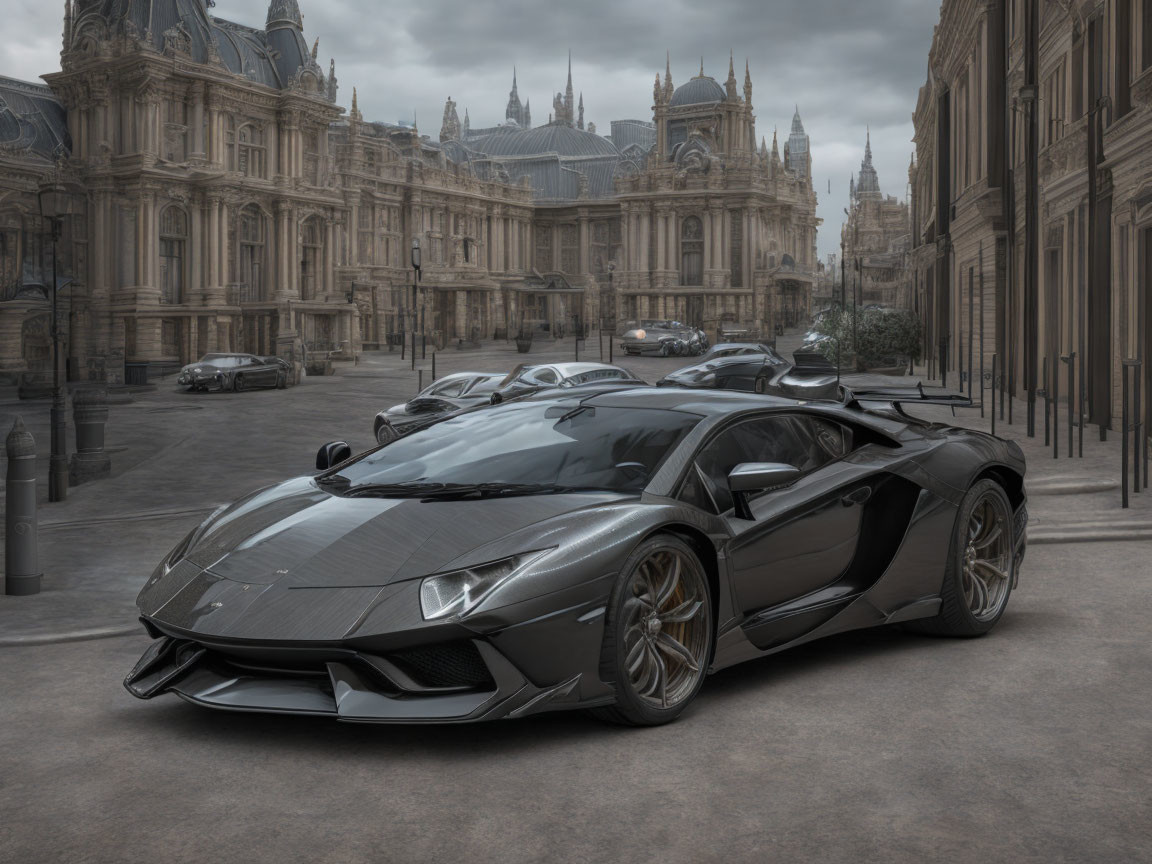 Black Lamborghini Aventador parked on cobblestone street