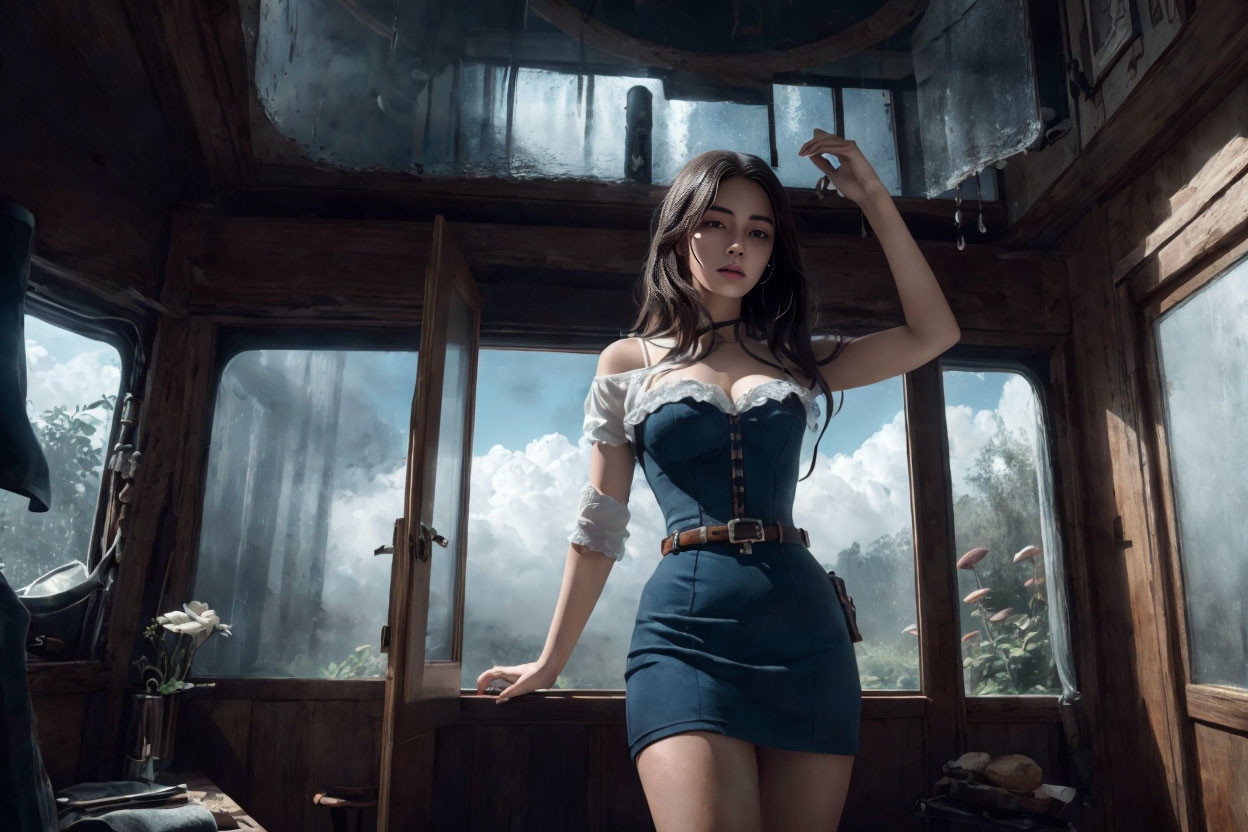 Woman in corseted dress poses in rustic cabin with open windows.