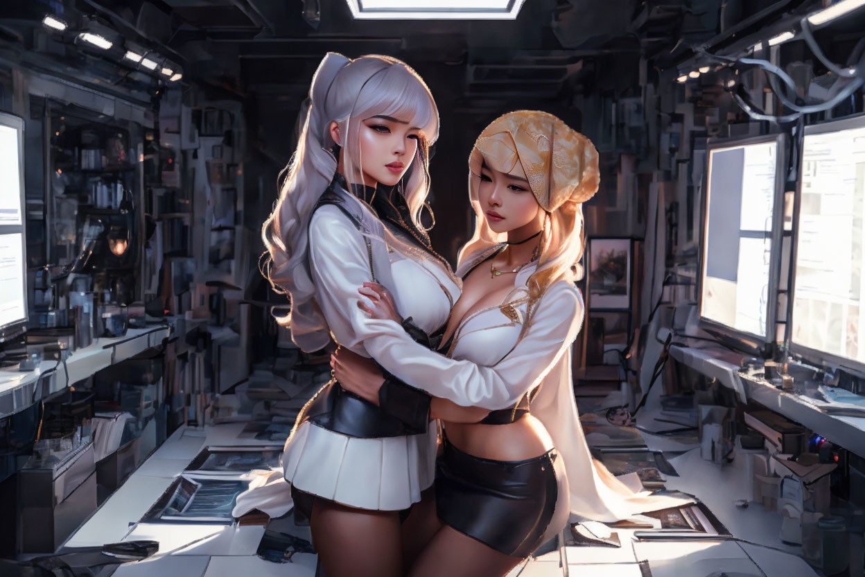 Animated female characters embrace in futuristic command center.