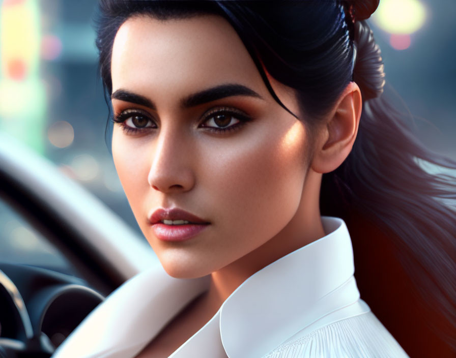 Portrait of woman with dark hair and white outfit against city lights