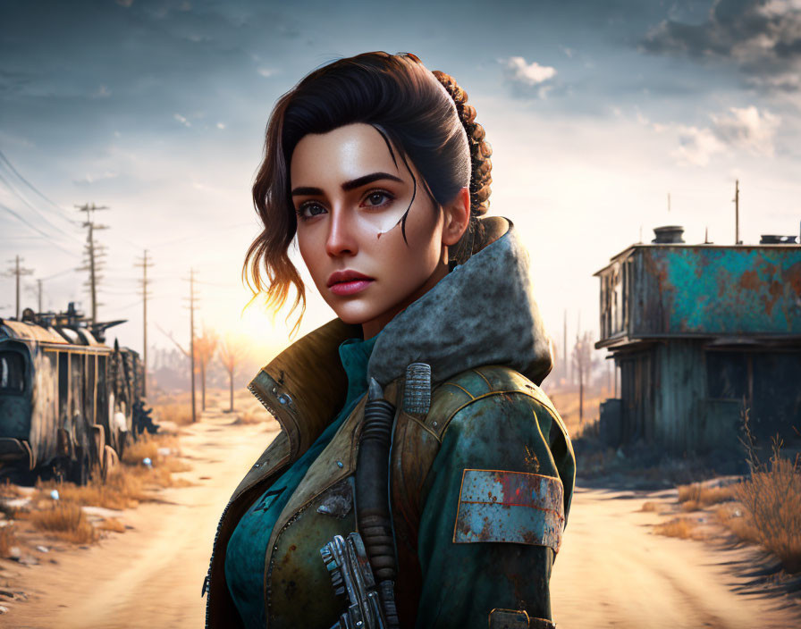 Woman with brown hair in green jacket in post-apocalyptic digital art