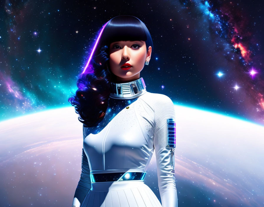 Futuristic female android in cosmic setting