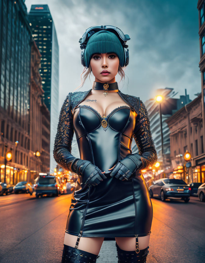 Stylized woman in futuristic black outfit on city street at dusk