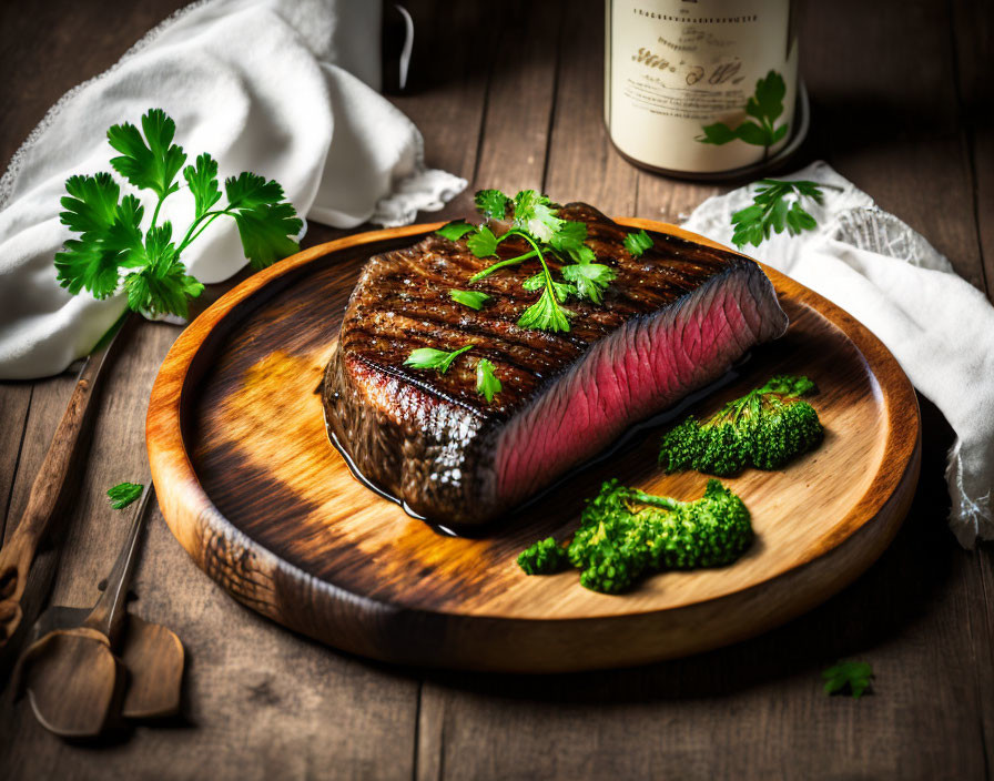 Medium-Rare Steak with Parsley, Broccoli, and Wine on Wooden Board