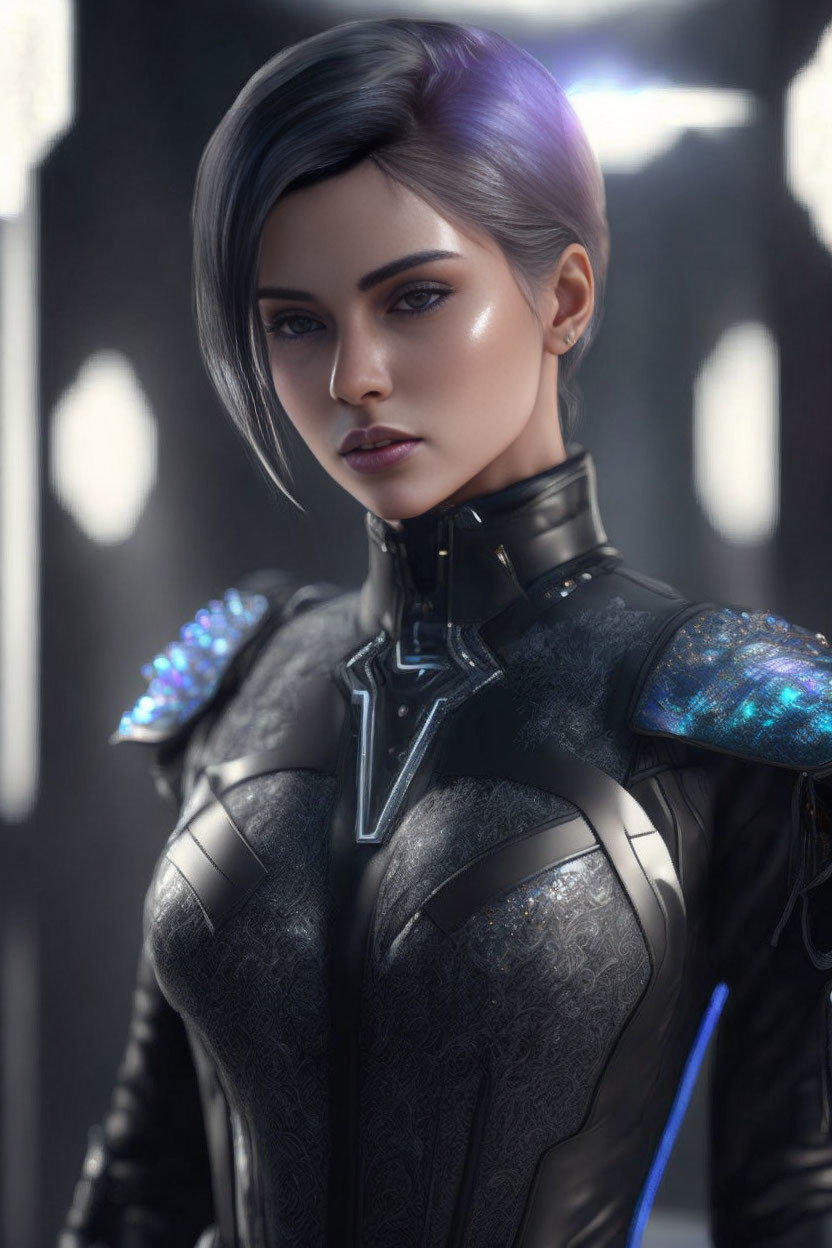 Futuristic digital art portrait of a woman in luminescent black suit