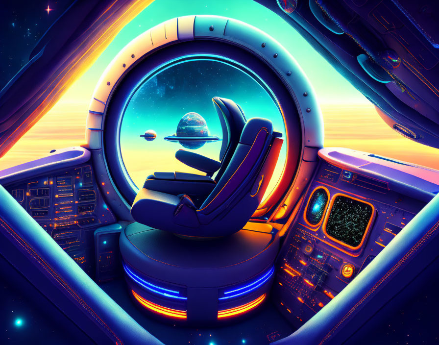 Illustration of spaceship cockpit with captain's chair and celestial view