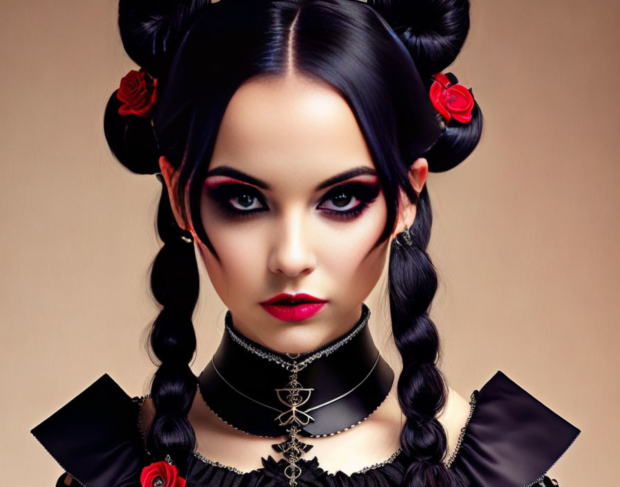 Dark-haired woman with bun and braid hairstyle, gothic makeup, red roses, and spider-web