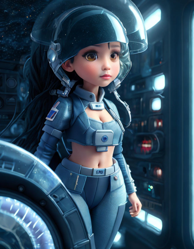 Exaggerated female astronaut in spacecraft with space view