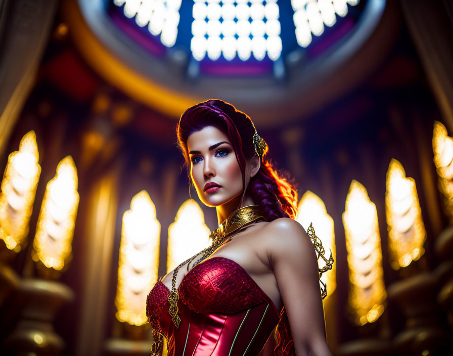 Woman in ornate red and gold costume in grand room with dramatic lighting