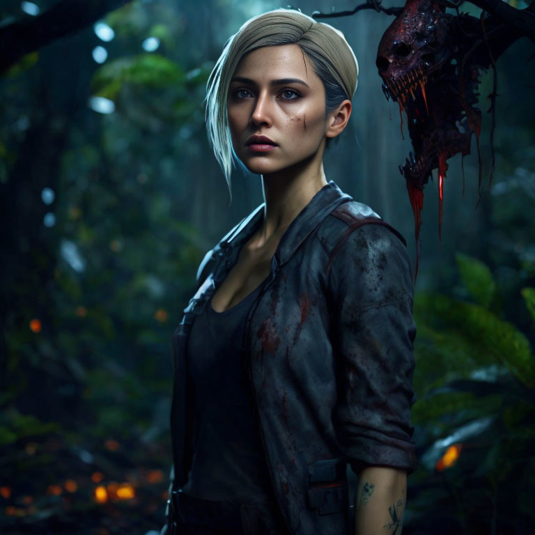 White-Haired Woman in Dark Forest with Creature's Skull - Post-Apocalyptic Theme