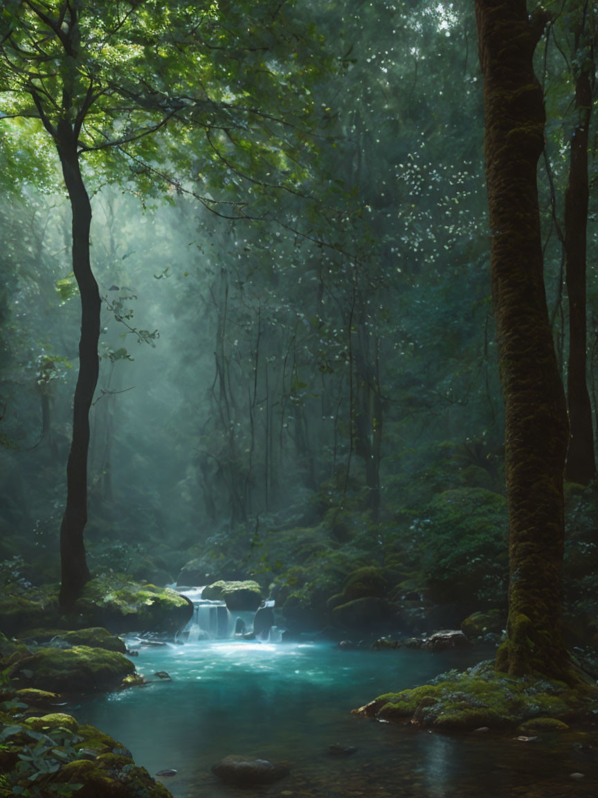 Tranquil forest river with sunbeams and waterfalls