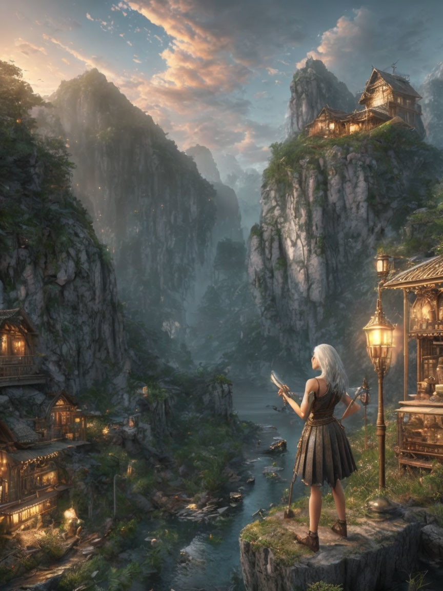 Mystical mountain village with lantern-lit paths and woman overlooking.