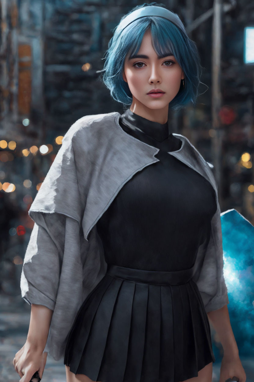 Blue-Haired Woman in Modern Outfit Standing in Front of Night Cityscape