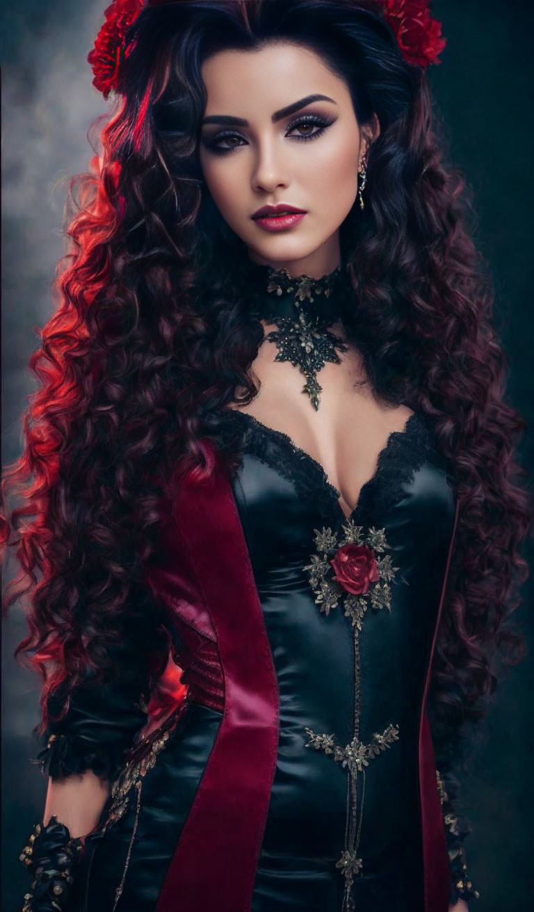 Woman with long curly hair and dark makeup in black and red corset with roses and lace on sm