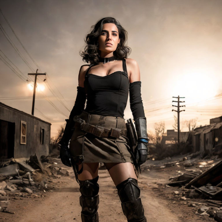 Woman in dark strapless top and gloves in post-apocalyptic setting