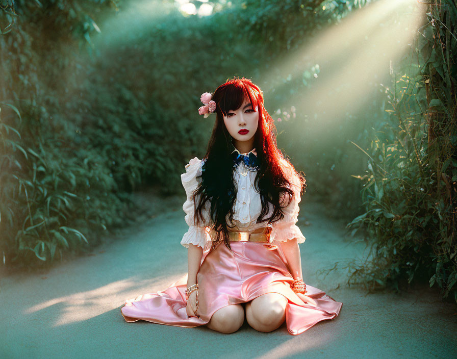 Red-haired woman in pink skirt and white blouse with flower in hair sitting on sunlit forest pathway