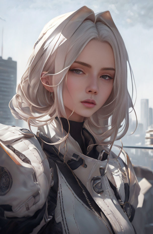 Silver-haired female in futuristic white armor with cityscape