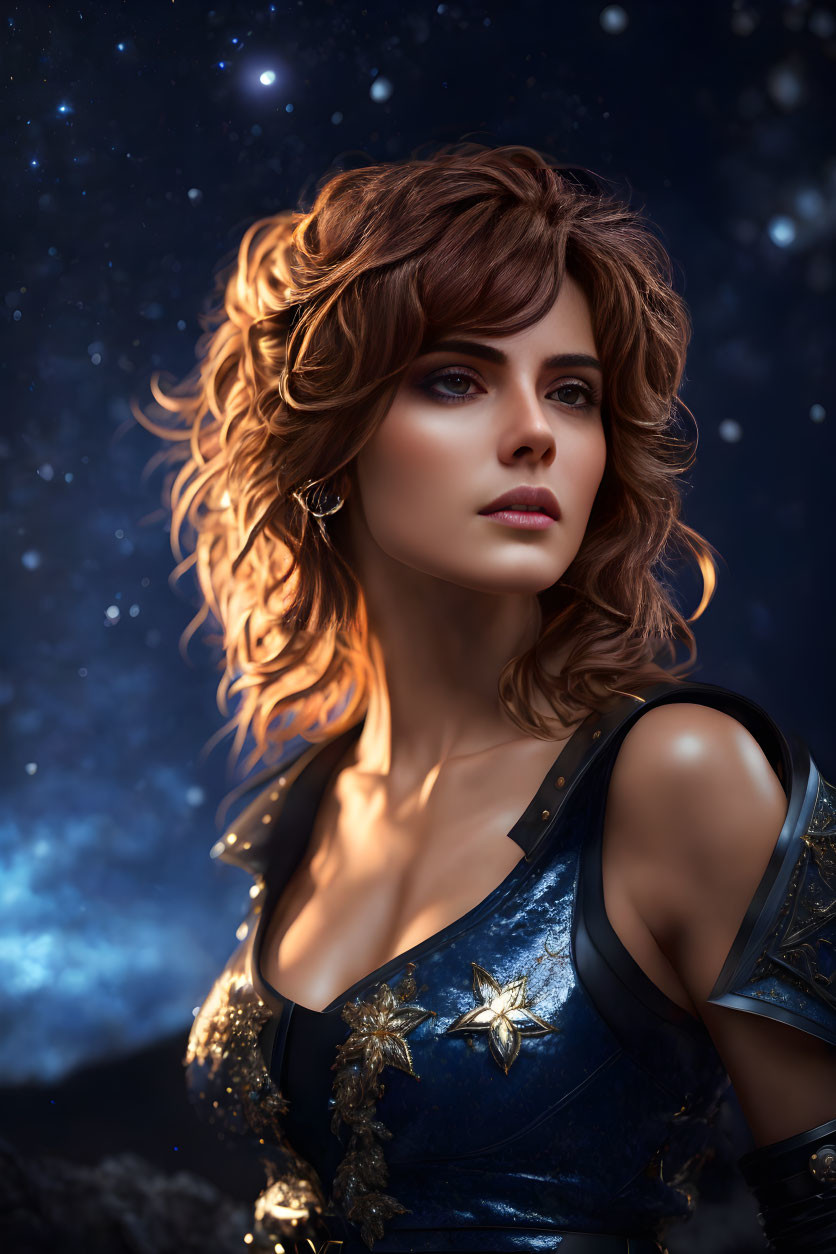 Curly Haired Woman in Blue and Gold Armor with Cosmic Background