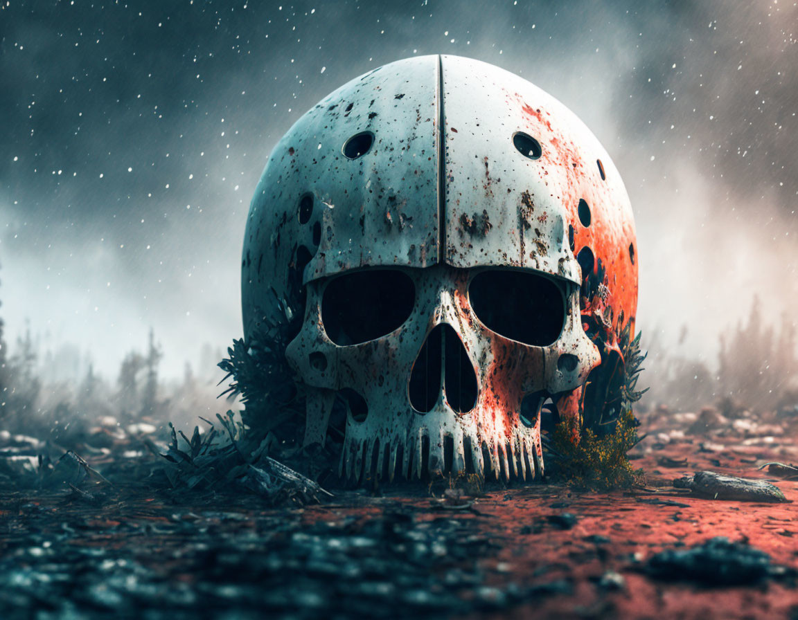 Weathered skull fused with sports helmet in misty landscape