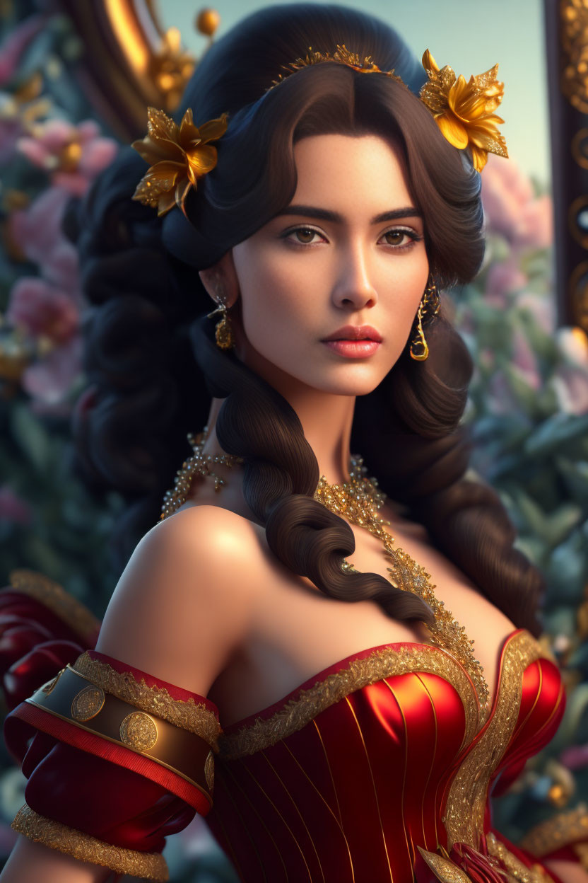 Elaborate gold-embellished red clothing on woman in digital portrait