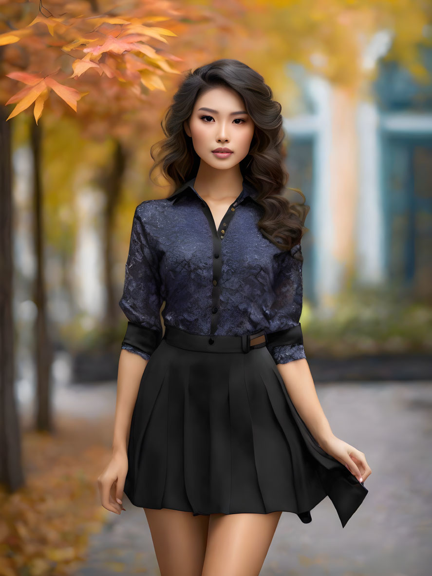 Woman in lace blouse and black skirt on leaf-strewn path with autumn trees