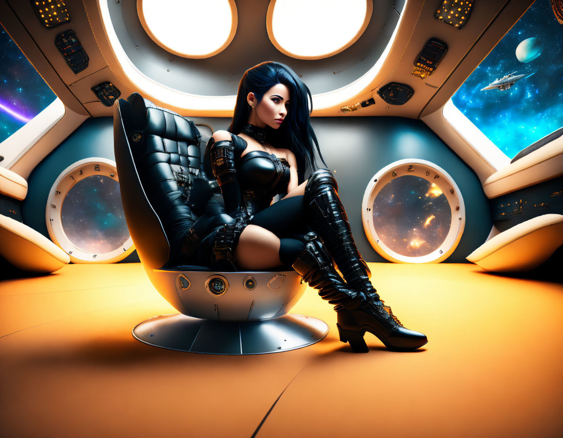 Futuristic woman in black outfit on spaceship captain's chair