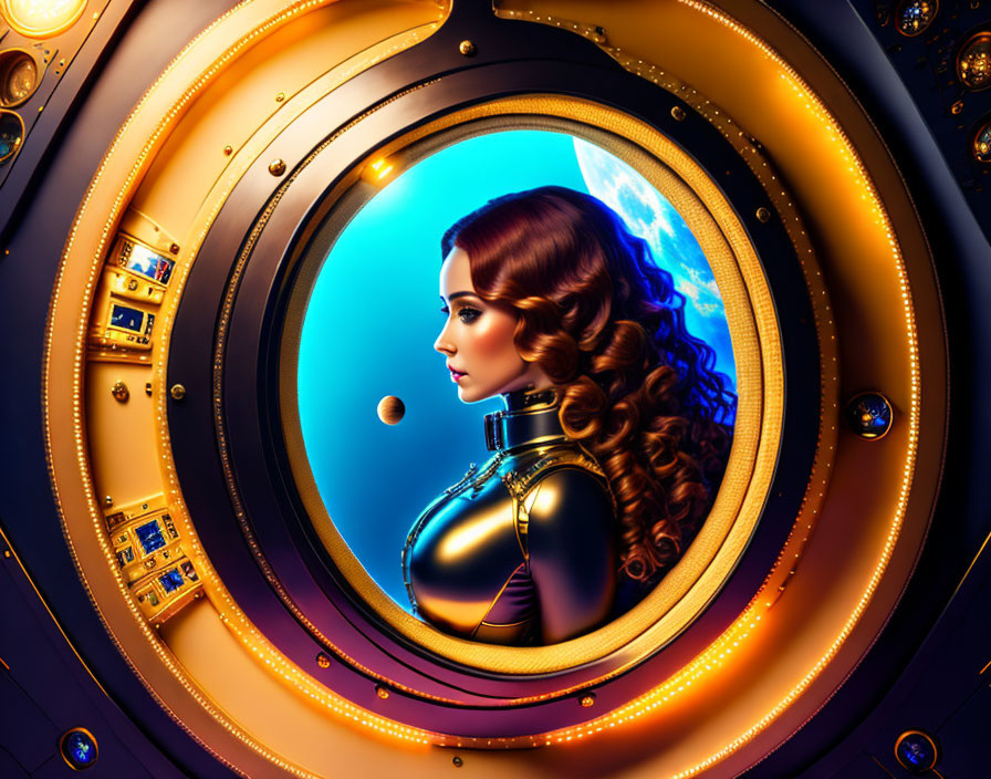 Futuristic woman in space suit looking at Earth and planet from spacecraft window