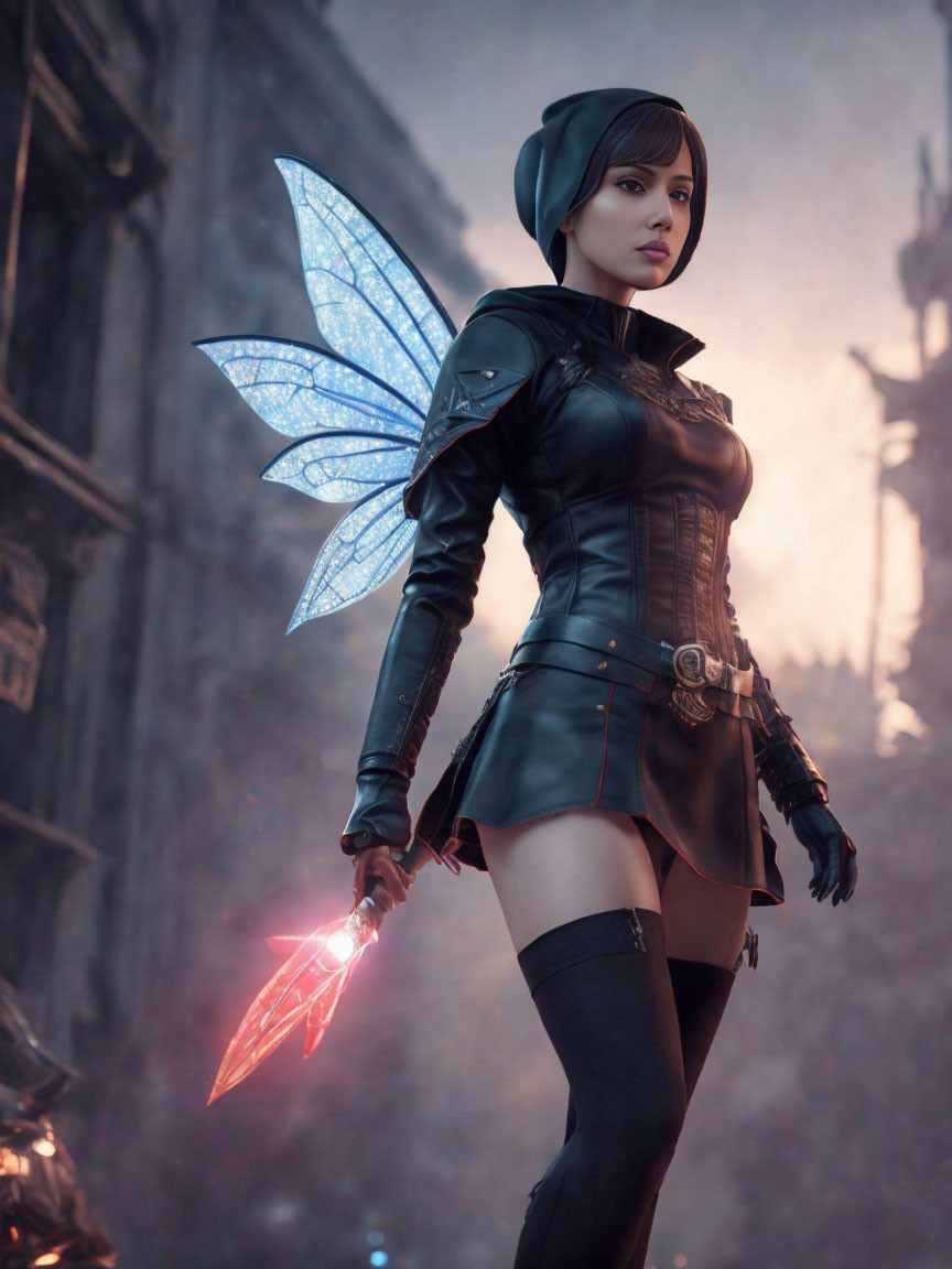 Female character with translucent wings holding red crystal in urban setting