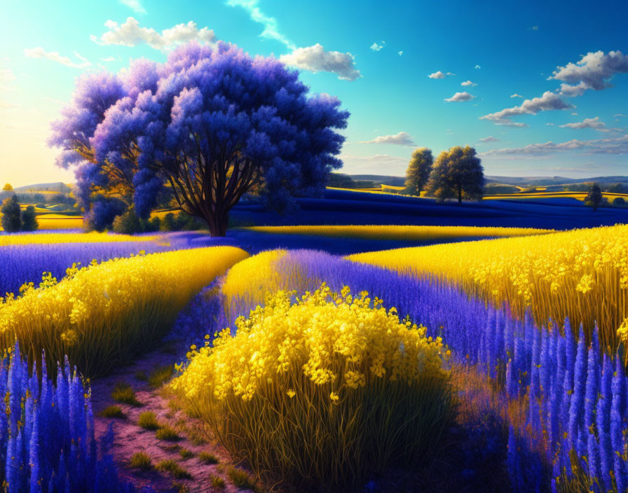 Colorful landscape with large blue tree, yellow flowers, purple flora, golden sunset sky