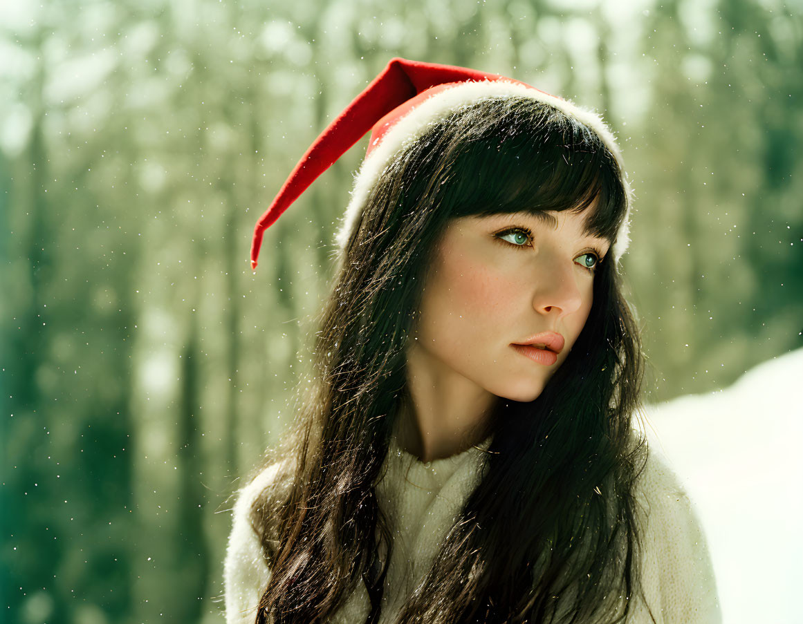 Woman in Santa Hat and White Sweater in Snowy Setting