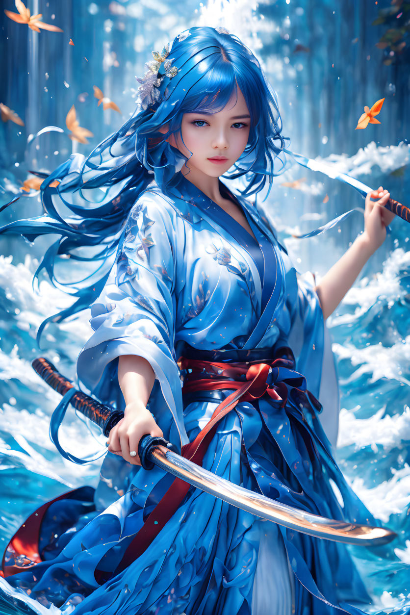 Woman in blue floral kimono wields katana in surreal water setting