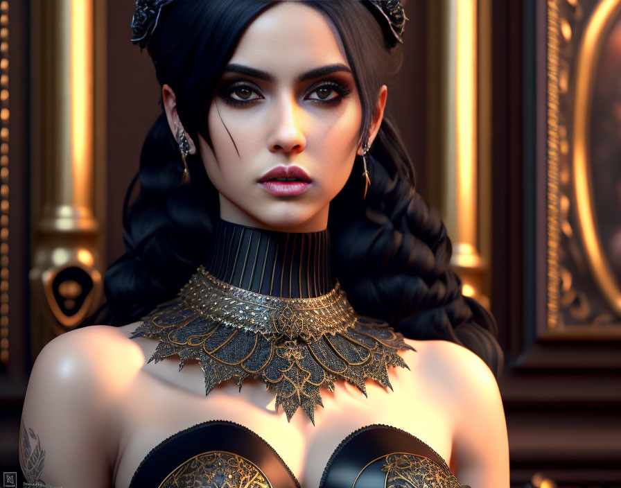 Digital portrait of woman with dark hair in braids and ornate gold choker.